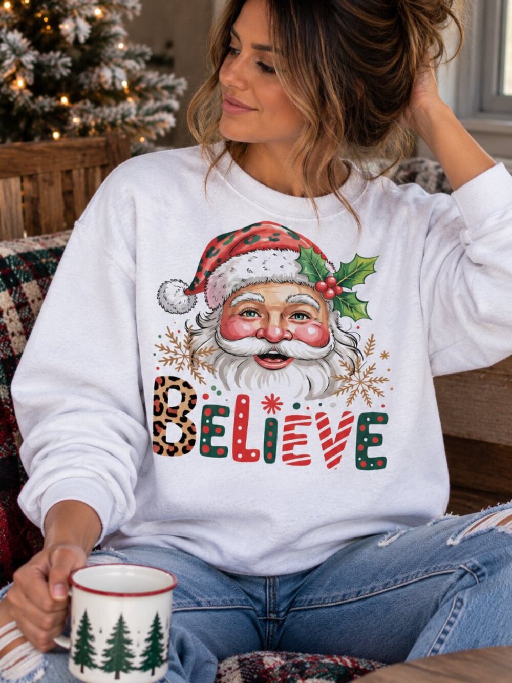 Santa Believe Christmas Womens White Crewneck Graphic Sweatshirt Tops